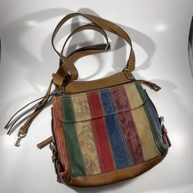 Fossil Boho Leather Suede Purse Multicolor Patchwork Crossbody Organizer Vtg