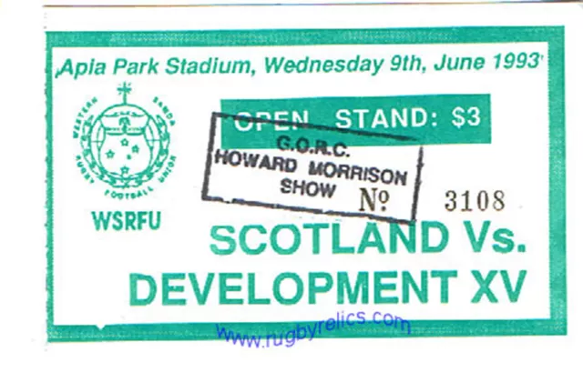 SAMOA DEVELOPMENT XV v SCOTLAND 9 JUNE 1993 RUGBY TICKET