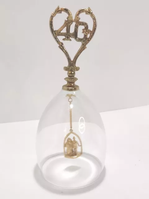 40th Anniversary Glass Bell with Gold Heart Shaped Handle 6 1/2 inch Tall
