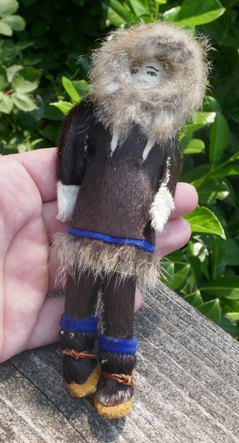 Vintage Alaskan Native Handmade Rabbit Fur & Carved Antler Doll - 6.25" Long