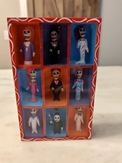 Mexican folk art diorama with 9 Day of the Dead clay figurines