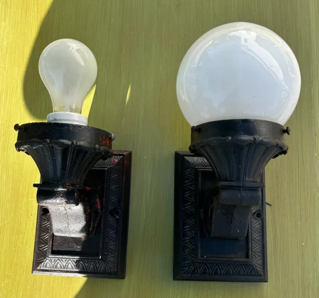Pair Antique Cast Iron Wall Sconce Porch Lights With One Globe 6.5”X 4.5”.