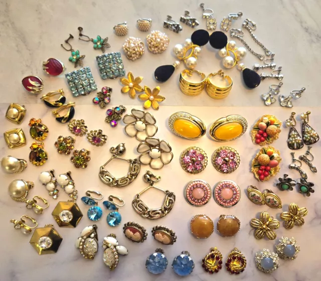 Vintage Lot 40 Pairs Earrings ~ Several Rhinestone & Several Signed