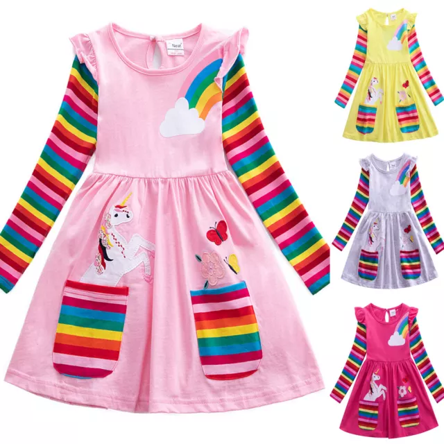 Kids Girls Unicon Rainbow Dress Casual Long Sleeve Party Dresses Age 3-8 Years