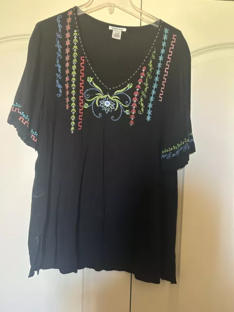 Women’s Embroidered & Sequined Black Peasant Blouse Size L