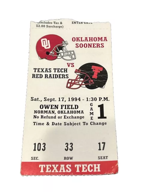 1994 Oklahoma Sooners vs Texas Tech Red Raiders Football Ticket Stub Owen Field
