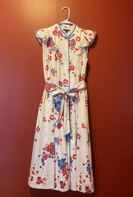 Brooks Brothers Red And Blue Floral Flutter Sleeve Cotton Sateen Shirt Dress