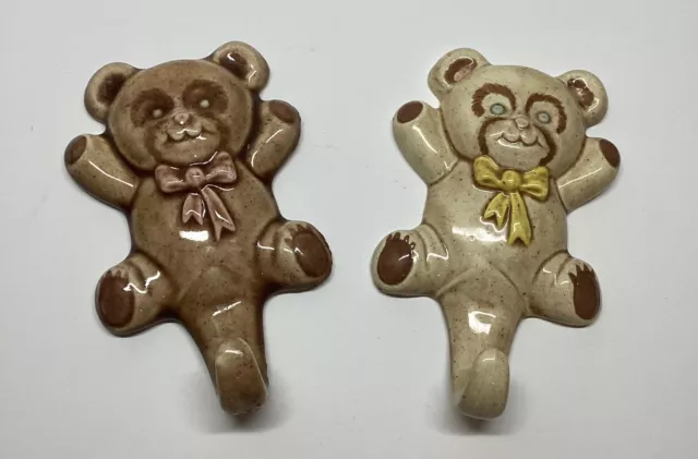 Vintage Ceramic Teddy Bear Wall Hook Hangers- Set Of 2-handmade