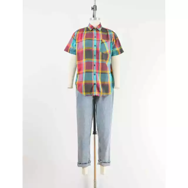 Vintage Plaid Cotton Shirt Short Sleeve Oversized Collared Button Up Blouse S 2