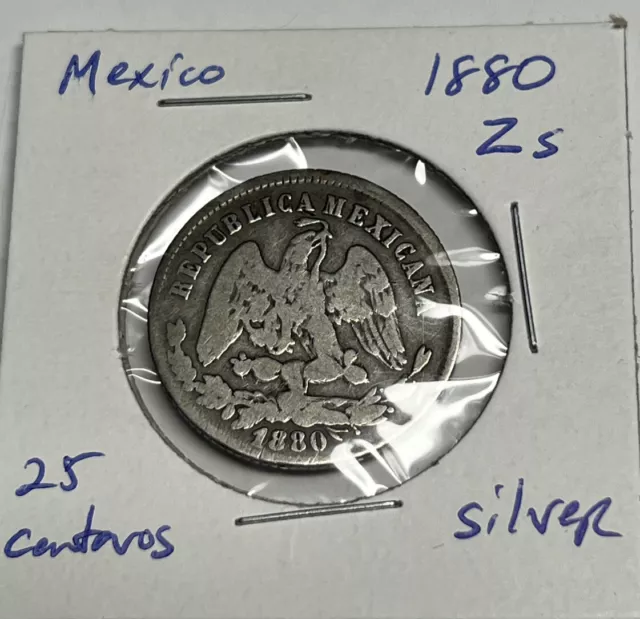 1880 MEXICO 50 Centavos Silver Coin, ZACATECAS Zs Mint Second Mexican Republic