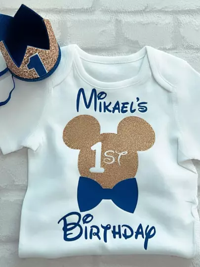 Personalised Boys First 1st Birthday Outfit Mickey Cake Smash & Crown Blue Gold