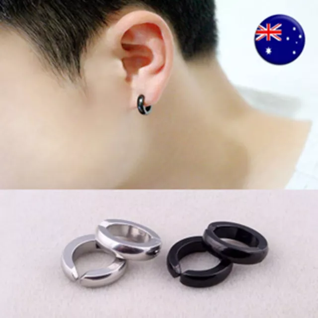 2x Man Magnetic Titanium plated Fake Earrings clip on no ear piercing hole Hoop