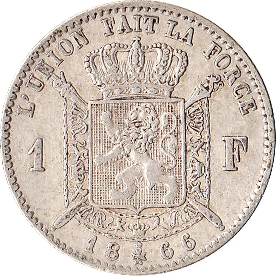 1866 Belgium 1 Franc Silver Coin KM#28.1