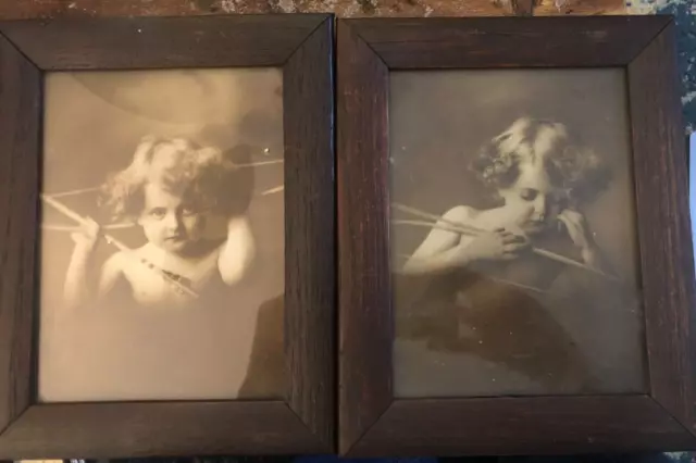 Vintage CUPID AWAKE & ASLEEP Prints Wood Picture Frame 2pcs 1897 M.B. PARKINSON