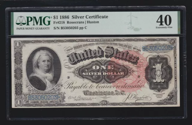 US 1886 $1 Martha Silver Certificate Note FR 218 PMG 40 XF (203)