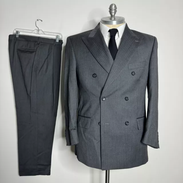 Evan Picone Suit Mens Gray Herringbone Double Breast Wool 42R 34W