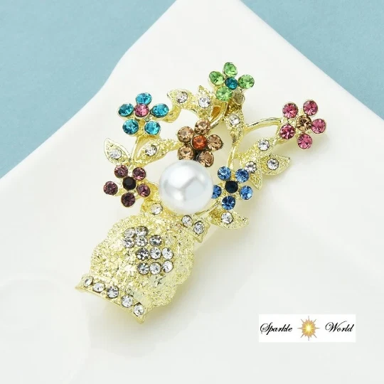 Gold Colourful Rhinestone Flowers Vase Brooch for Women Pin Coat Brooch Gift