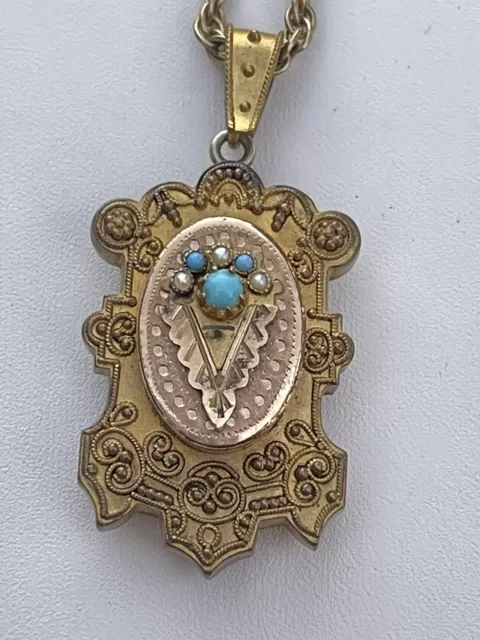 Art Deco Victorian Seed Pearl & Turquoise Ornate Locket Necklace
