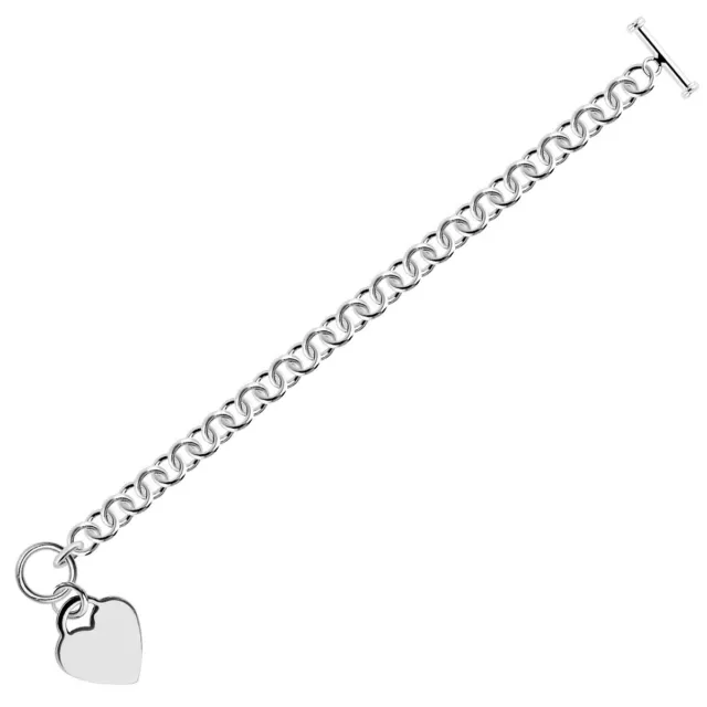 Ladies 7.25 Inch Rolo Chain Bracelet with Heart Charm Genuine Sterling Silver