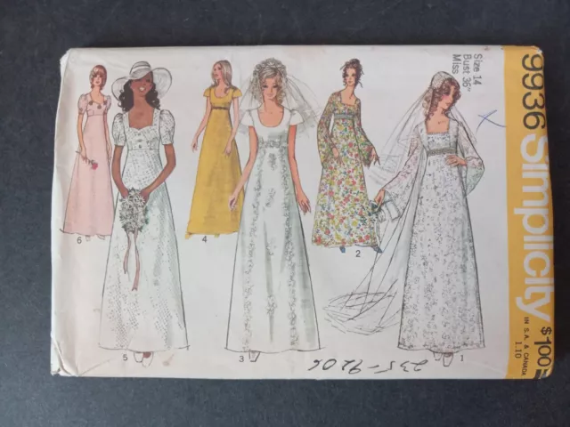 9946 Vtg Simplicity SEWING Pattern Miss 14 1972 Wedding Gown Bridesmaid Dress