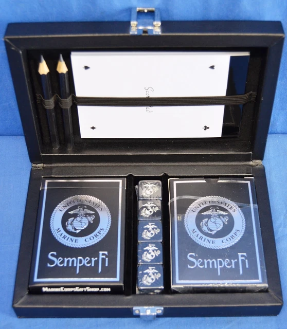 Playing Cards and Dice Set Black Leather Keepsake Box Playing Cards