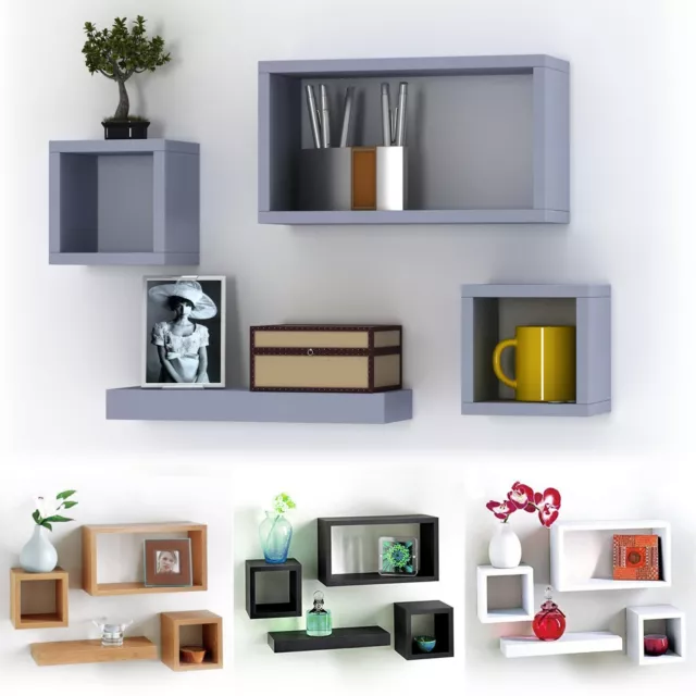 Set Of 4 Wooden Floating Cube Shelves Wall Hanging Storage Display Deco Shelving