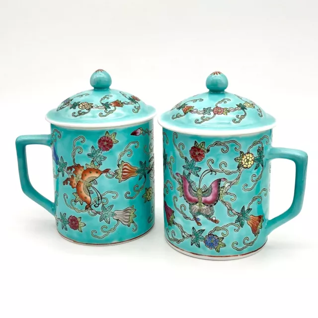 Chinese Tea Mug Set Mun Shou Butterfly Floral Vine Turquoise Lidded Coffee Cups
