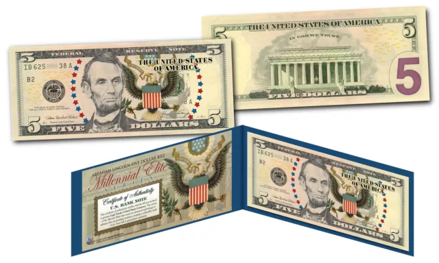 MILLENNIAL ELITE SERIES Genuine $5 U.S. Bill Abraham Lincoln SYMBOLS OF FREEDOM