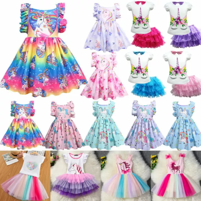 Girls Unicorn Skater Dress Kids Party Tutu Tulle Dresses Age 3 4 5 6 7 8 9 Years