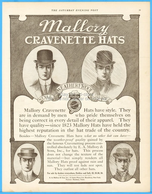 1908 E A Mallory Cravenette Hats Danbury CT Bowler French Men's Fashion Style Ad