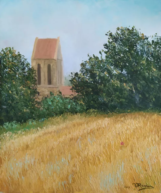 Tableau huile sur toile - Champ de blé, coquelicots et église - Paysage