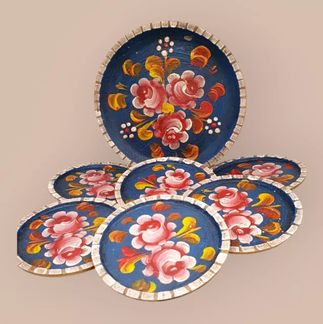 Scandinavian Norway Handpainted Roses Folk Art Wooden, Trivet Coasters Vintage