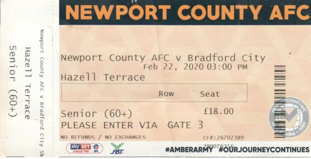 Ticket - Newport County v Bradford City 22.02.20