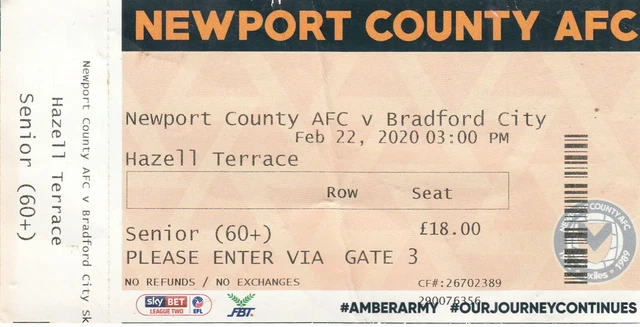 Ticket - Newport County v Bradford City 22.02.20