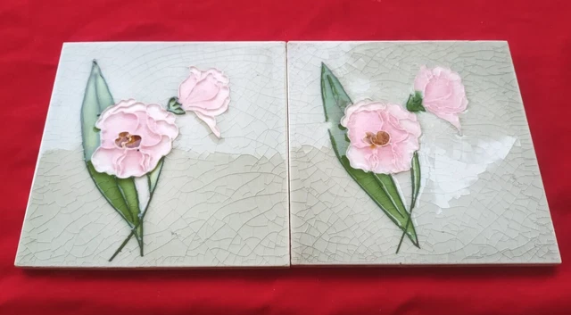 2 Piece Old Art Deco Floral Design Embossed Majolica Ceramic Tiles England 0385 2