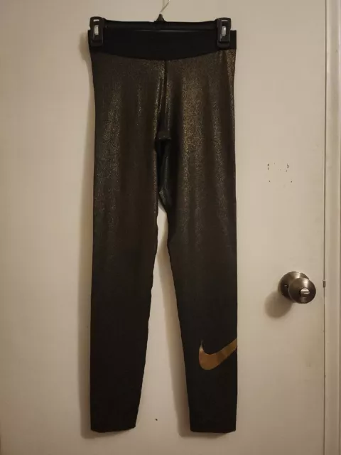 Nike Dri Fit Tights Women Size Medium Black/Gold Sparkle Metallic EUC