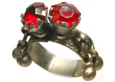 18thC Russian Ukraine Crimea Tatar Silver Two Ruby Red Glass Gem Ring Bells Sz11