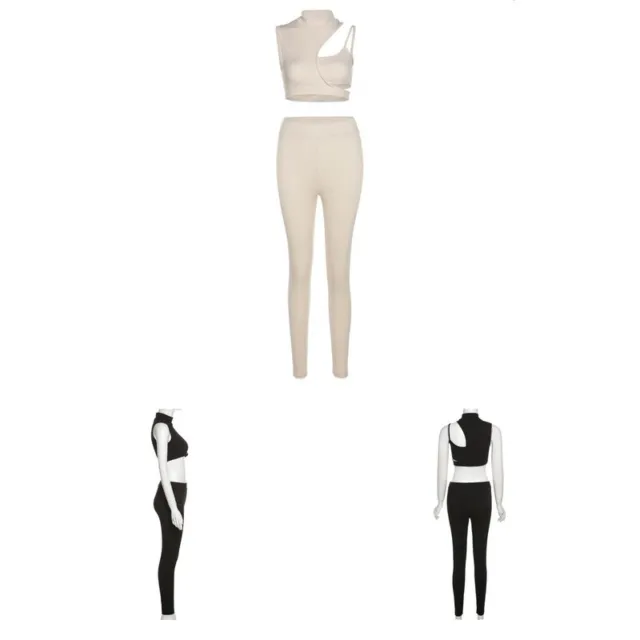2 Pcs/Set Women Tops Pants Suit Elastic Skinny Breathable High Waist Club Tops