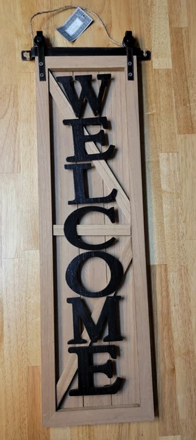 Wooden Welcome Sign and Metal Sliding Barn Door Style  30 inch X 9 inch