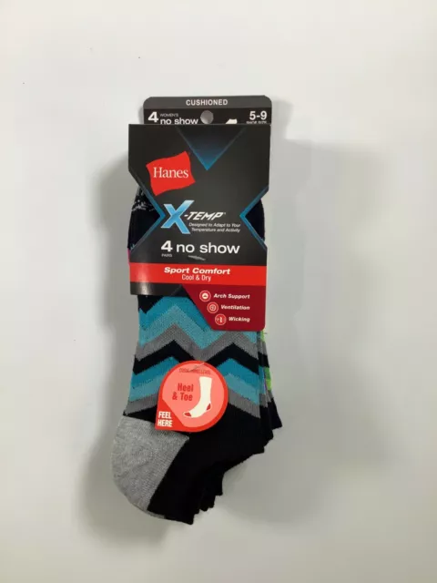Women's Hanes Multicolor X-Temp No Show Socks Size 5-9/4 pairs NEW!