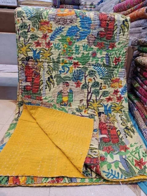 Handmade Indian Kantha Quilt Throw Blanket Bedspread Cotton King Size Bohemian