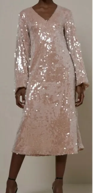 Asos River Island Pink Blush Sparkly Sequin Midi Oversized Dress 12 14 Bnwt