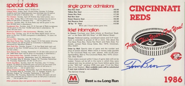 Lot of 5 1986 Cincinnati Reds Baseball Schedule Autographed Browning Perez Soto Lot of 5 1986 Cincinnati Reds Baseball Schedule Autographed Browning Perez Soto