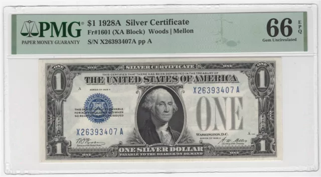 1928A $1 US Silver Certificate Fr#1601 XA Block (PMG 66 EPQ Gem Uncirculated)