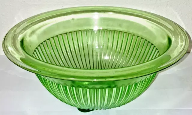 Green Uranium Glass Round Rimmed, Square Base Mixing Bowl with Ridges 11"