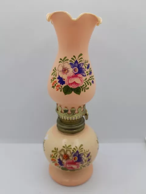 Vintage Miniature Pink Milk Glass Oil Lamp Floral   Japan