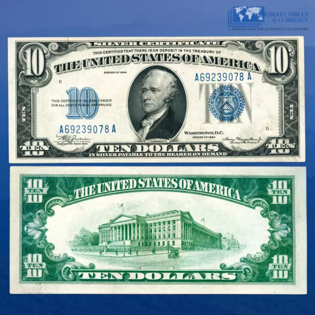 1934 $10 Ten Dollars Silver Certificate Mule Blue Seal, AU Condition #39078