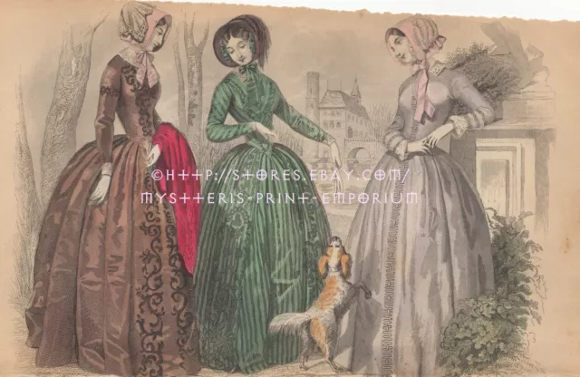 Fancy Victorian Dresses-European Fashion-Dog-1847 OLD ANTIQUE VINTAGE ART PRINT