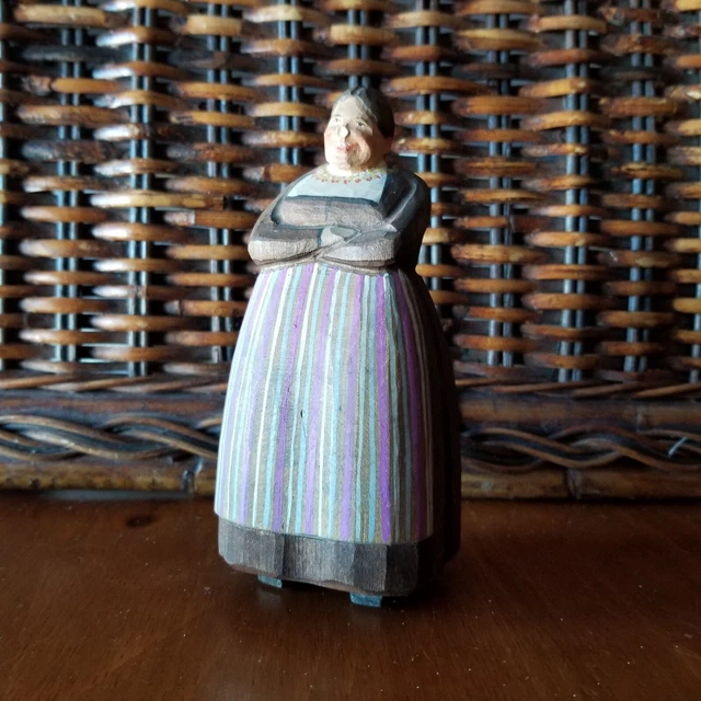 Huggler Wyss Folk Art Carved Wood Happy Woman Colorful Stripe Apron Swiss Brienz