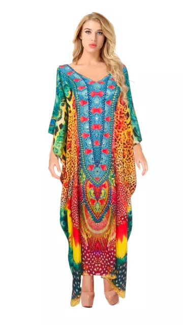 New Silk Mix Kaftan/ Resort Beach Wear  Caftan Women Maxi Dress Free Size 10-18 3